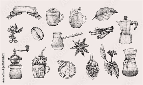 Coffee illustration set. Hand drawn vector banner. Coffee beans, leaves, branch, coffee machine,cup. Alternative brewing method.