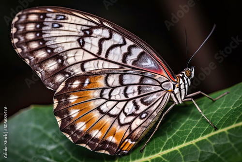 an orange and black butterfly on a green leaf, taken from the top down with its wings spread wide open. Generative Ai © Golib Tolibov