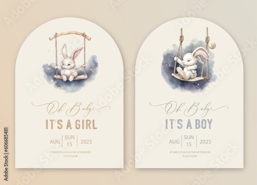 Cute baby shower watercolor invitation card for baby and kids new born celebration. Its a girl, Its a boy card with bunny on a swing in the clouds. generative ai