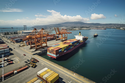 a large container ship docked in the harbor with mountains in the background and blue sky above it, as seen from an aerial view. Generative Ai