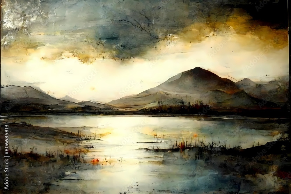 Abstract landscape painting. Lake, mountains, tree, cloudy sky. AI Generative Abstract landscape painting. Lake, mountains, tree, cloudy sky. AI Generative