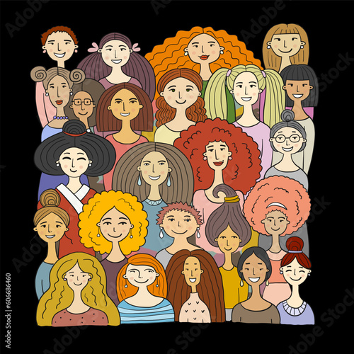 Women community. Big female family. Group of pretty girls. Team of girls. Art...