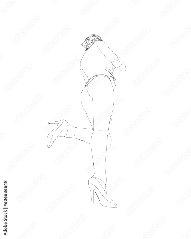 Contour of a girl standing on one leg, elegantly lifting her leg and raising her hand to her face. Curly hair. Vector illustration. Contour of young attractive slim women isolated on white background.