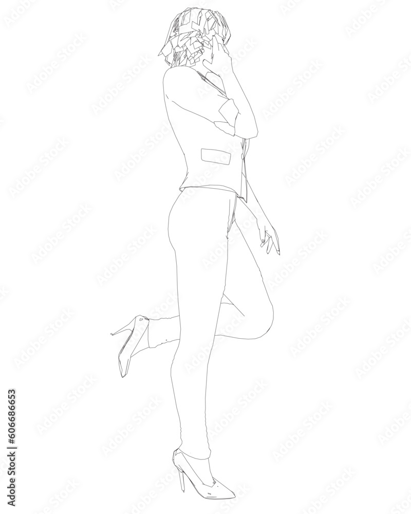 Contour of a girl standing on one leg, elegantly lifting her leg and raising her hand to her face. Curly hair. Vector illustration. Contour of young attractive slim women isolated on white background.