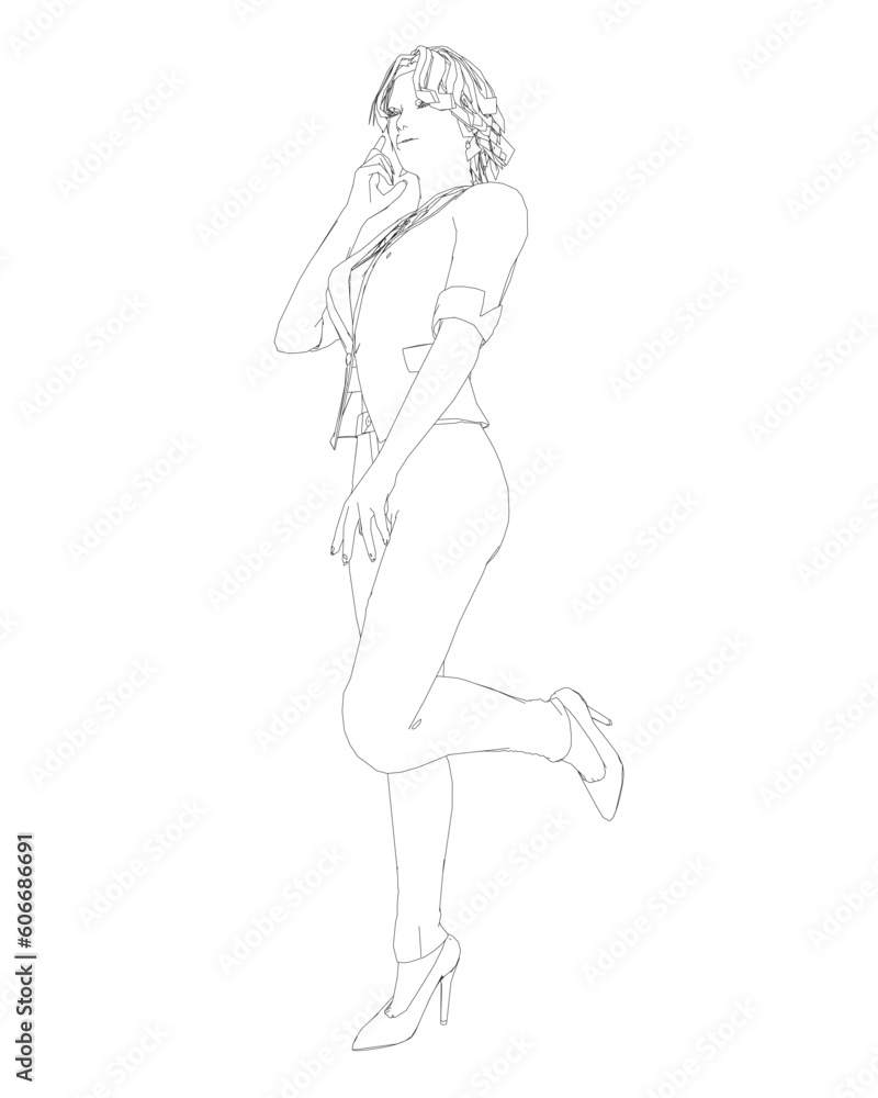 Contour of a girl standing on one leg, elegantly lifting her leg and raising her hand to her face. Curly hair. Vector illustration. Contour of young attractive slim women isolated on white background.