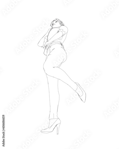 Contour of a girl standing on one leg  elegantly lifting her leg and raising her hand to her face. Curly hair. Vector illustration. Contour of young attractive slim women isolated on white background.