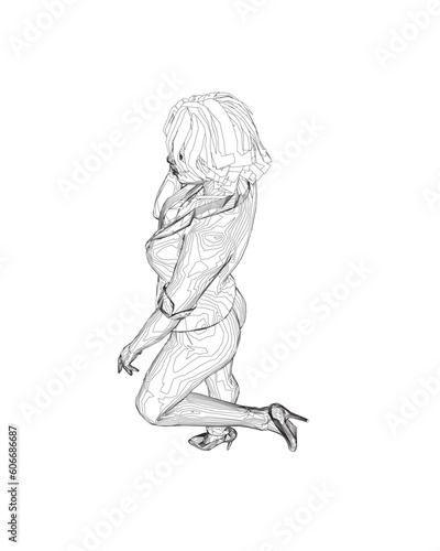 Contour of a girl standing on one leg  elegantly lifting her leg and raising her hand to her face. Curly hair. Vector illustration. Slim body  high heels  short hair  long legs. Young adult lady.