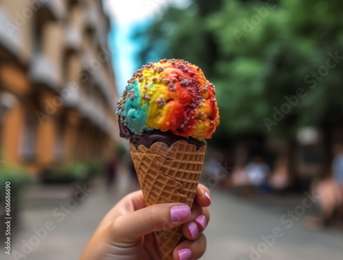 Young woman holding a Ice Cream during a vacation in summertime. AI generated