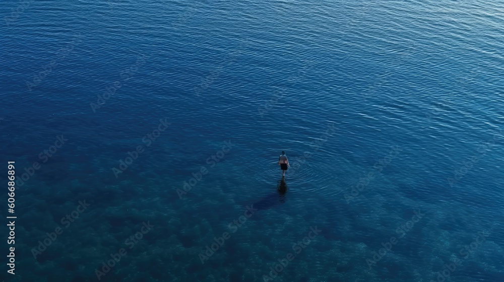 Concept of a loneliness: person standing on the deep water surface alone