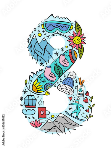 Snowboard with number 8 and mountains. International Women's Day card idea fo...