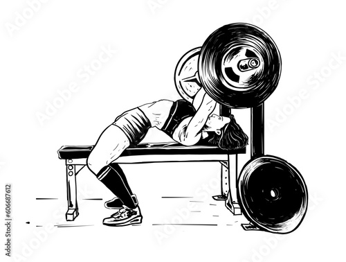hand drawing women doing bench press black and white