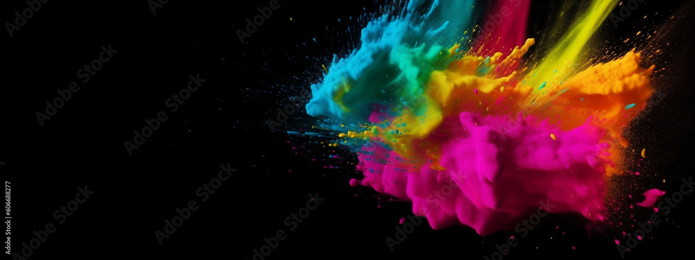 abstract colorful explosion of colored powder on a black background, abstract background. Generative AI