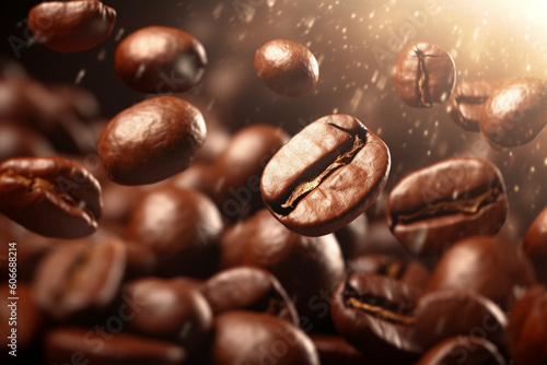 Flying coffee beans background. Close-up brown coffee beans banner. Closeup coffee grains background photo