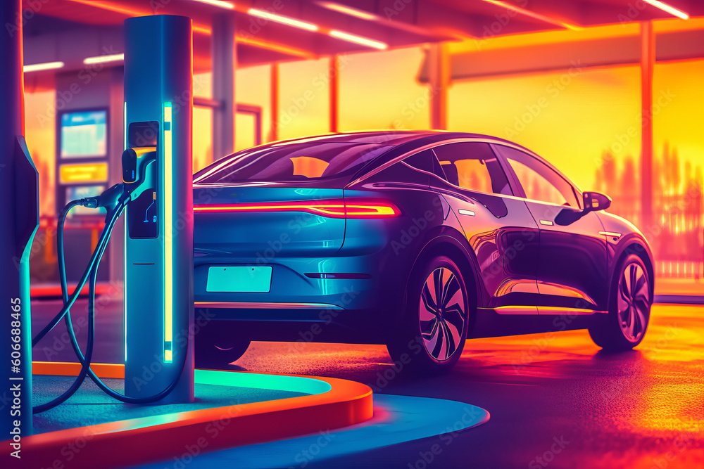 Φωτογραφία Revitalizing E-Mobility: Hybrid Engine Gasoline and Electricity Repair Shop Service Garage Offers Refueling for Electric Cars, Generative AI