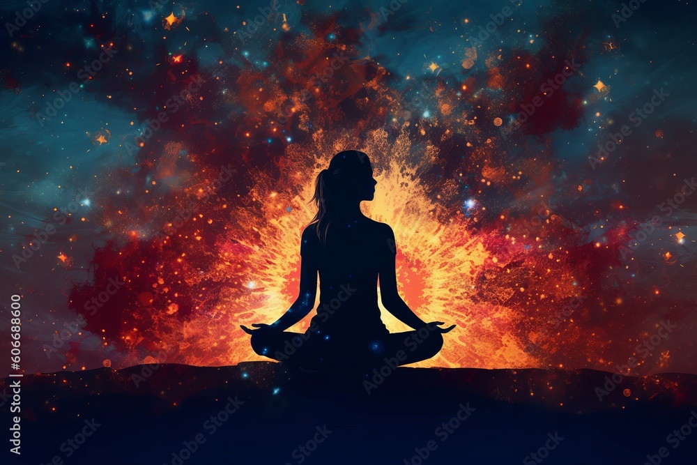 Enhancing Positive Energy: A Post-Processed Illustration of a Girl in Lotus Position Against an Abstract Background, Generative AI. Enhancing Positive Energy: A Post-Processed Illustration of a Girl in Lotus Position Against an Abstract Background, Generative AI.