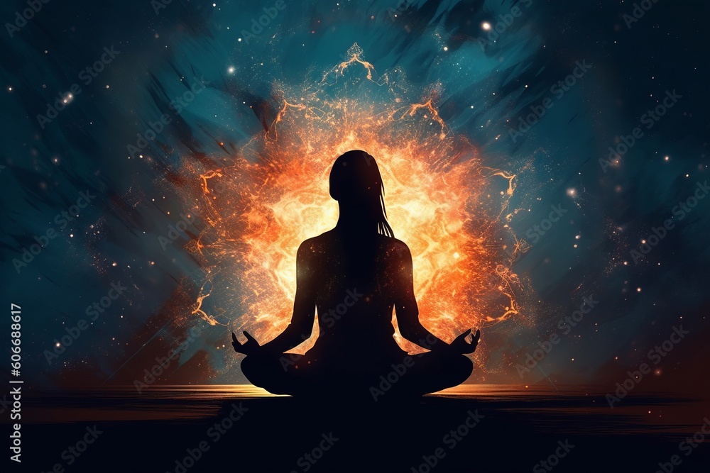 Enhancing Positive Energy: A Post-Processed Illustration of a Girl in Lotus Position Against an Abstract Background, Generative AI.