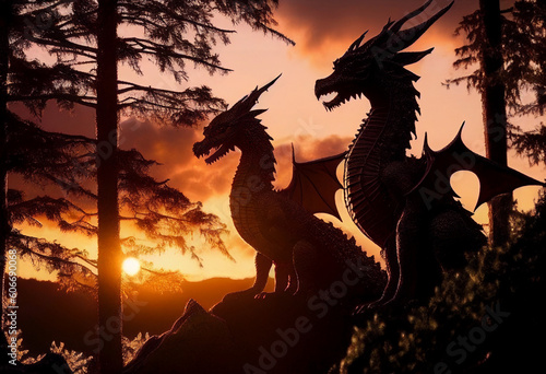 dragons in forest at sunset Generative AI