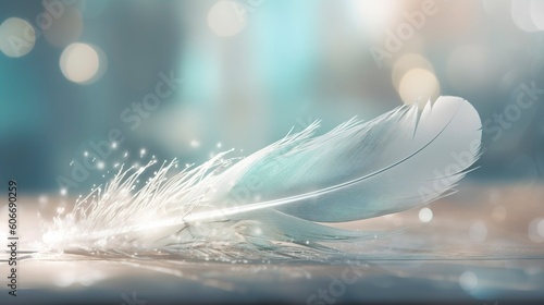 a bright blue background with one white feather, in the style of soft and dreamy pastels, glimmering light effects, nature inspired imagery, fairycore, soft focal points, generate ai photo