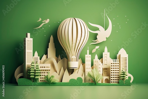 Paper cut of light bulb with green eco city , Renewable energy by 2050 Carbon neutral energy or greenhouse gas emission CO2 , Save energy creative idea concept , Generative Ai