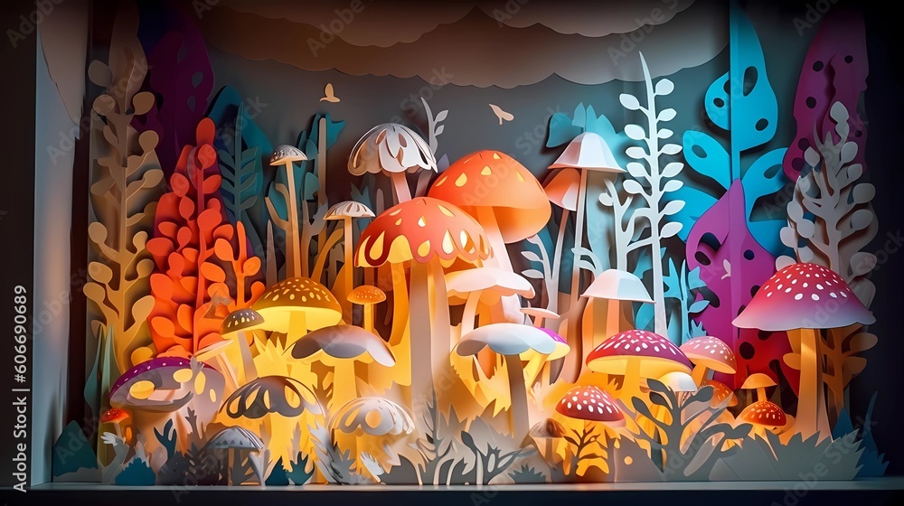 Papercut illustration, kirigami. Landscape of fantasy mushrooms world. Paper craft illustration. Ai generative