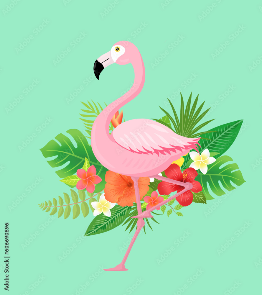 Fototapeta premium Flamingo and tropical plants background illustration, 플라밍고와 열대식물 배경 일러스트