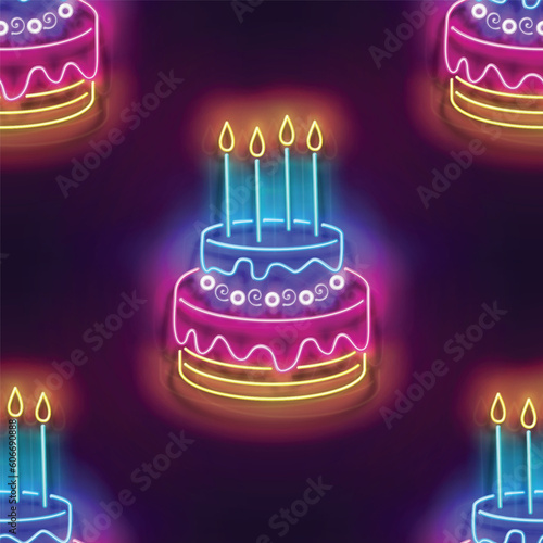 Seamless pattern with glow Holiday Cake with Candles. Happy Birthday and Holiday Party Mood. Neon Light Texture  Signboard. Glossy Background. Vector 3d Illustration