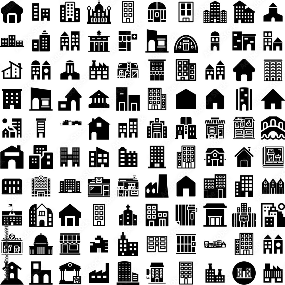 Collection Of 100 Buildings Icons Set Isolated Solid Silhouette Icons Including Office, Construction, City, Architecture, Business, Building, Urban Infographic Elements Vector Illustration Logo