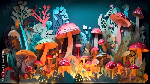 Papercut illustration  kirigami. Landscape of fantasy mushrooms world. Paper craft illustration. Ai generative