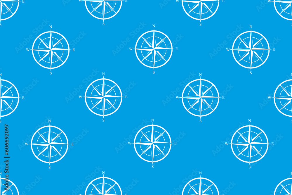 Seamless pattern with Wind Rose. Ornament with Marine Compass on blue background. Symbol of Cardinal Directions. Wallpaper and bed linen print. Vector illustration. Textile design for Sailor shirt.