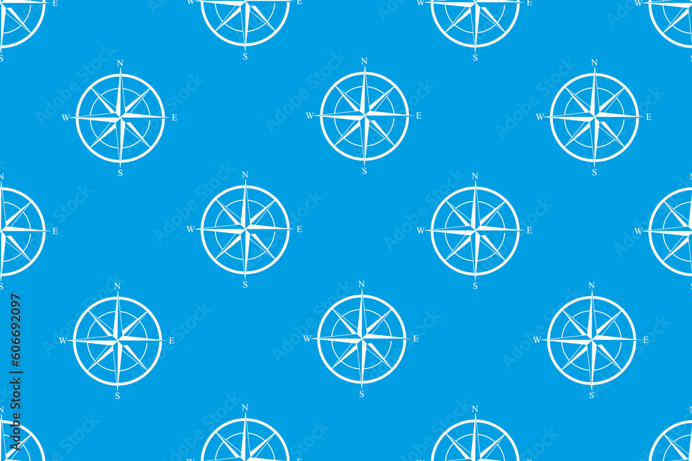 Seamless pattern with Wind Rose. Ornament with Marine Compass on blue background. Symbol of Cardinal Directions. Wallpaper and bed linen print. Vector illustration. Textile design for Sailor shirt. Seamless pattern with Wind Rose. Ornament with Marine Compass on blue background. Symbol of Cardinal Directions. Wallpaper and bed linen print. Vector illustration. Textile design for Sailor shirt.