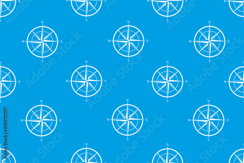 Seamless pattern with Wind Rose. Ornament with Marine Compass on blue background. Symbol of Cardinal Directions. Wallpaper and bed linen print. Vector illustration. Textile design for Sailor shirt.