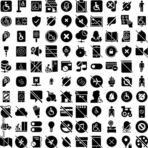 Collection Of 100 Disabled Icons Set Isolated Solid Silhouette Icons Including Man, Care, Disability, Help, Accessibility, Wheelchair, Disabled Infographic Elements Vector Illustration Logo