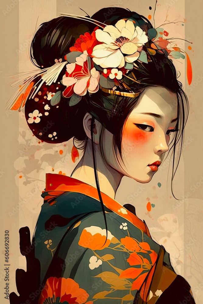 Φωτογραφία Cute young geisha with flowers in her hair, cartoon illustration