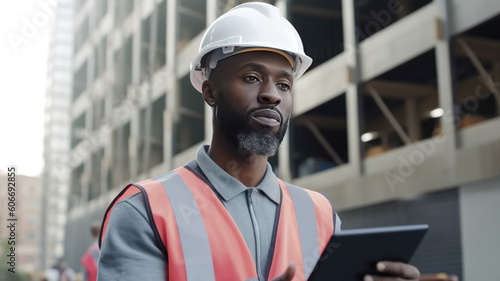 African-American builder with a beard in a white safety helmet and uniform against the backdrop of a house under construction. Banner with place for text. Generative AI