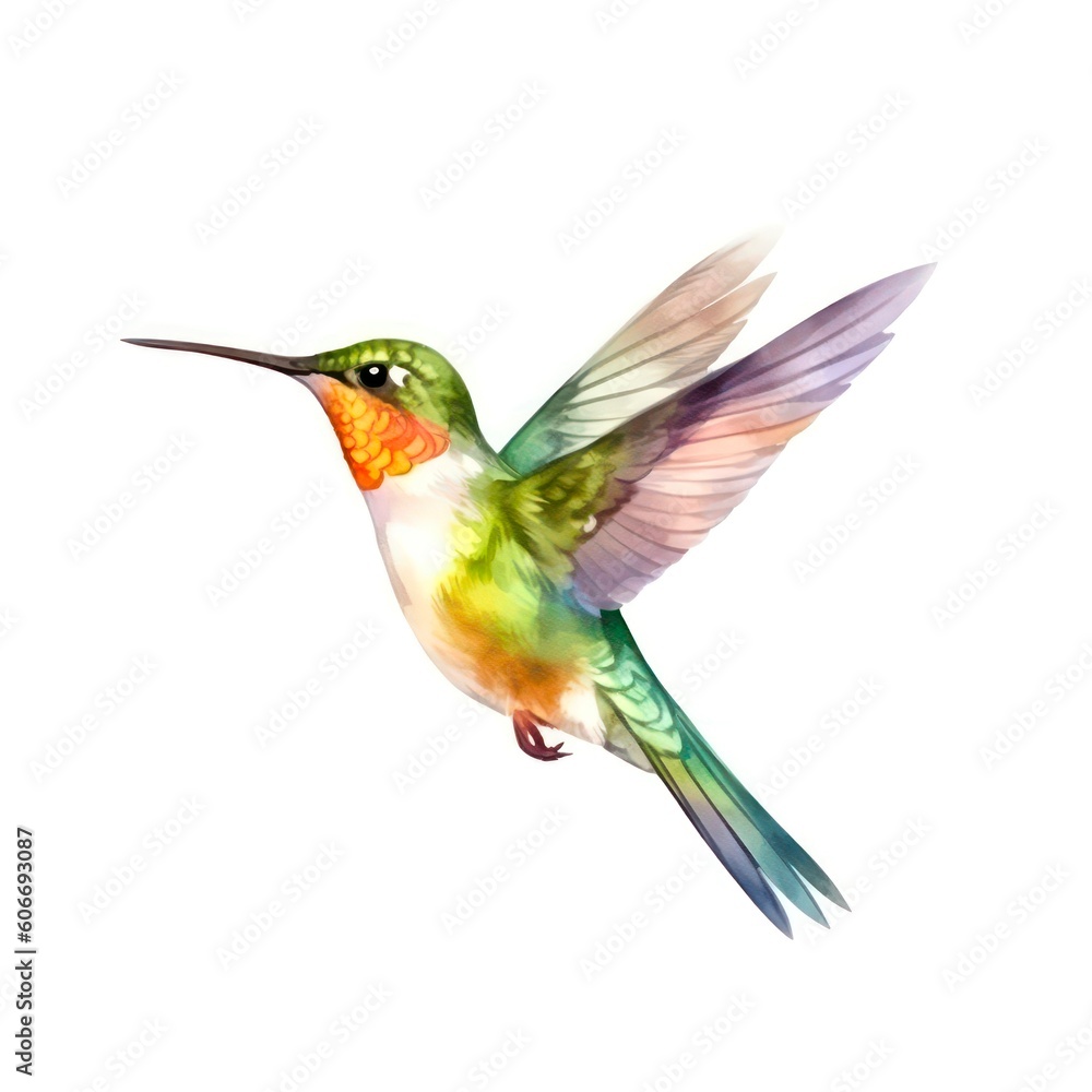 Obraz premium Beautiful tiny colibri bird. Hummingbird on white background in watercolor style. Generative AI.