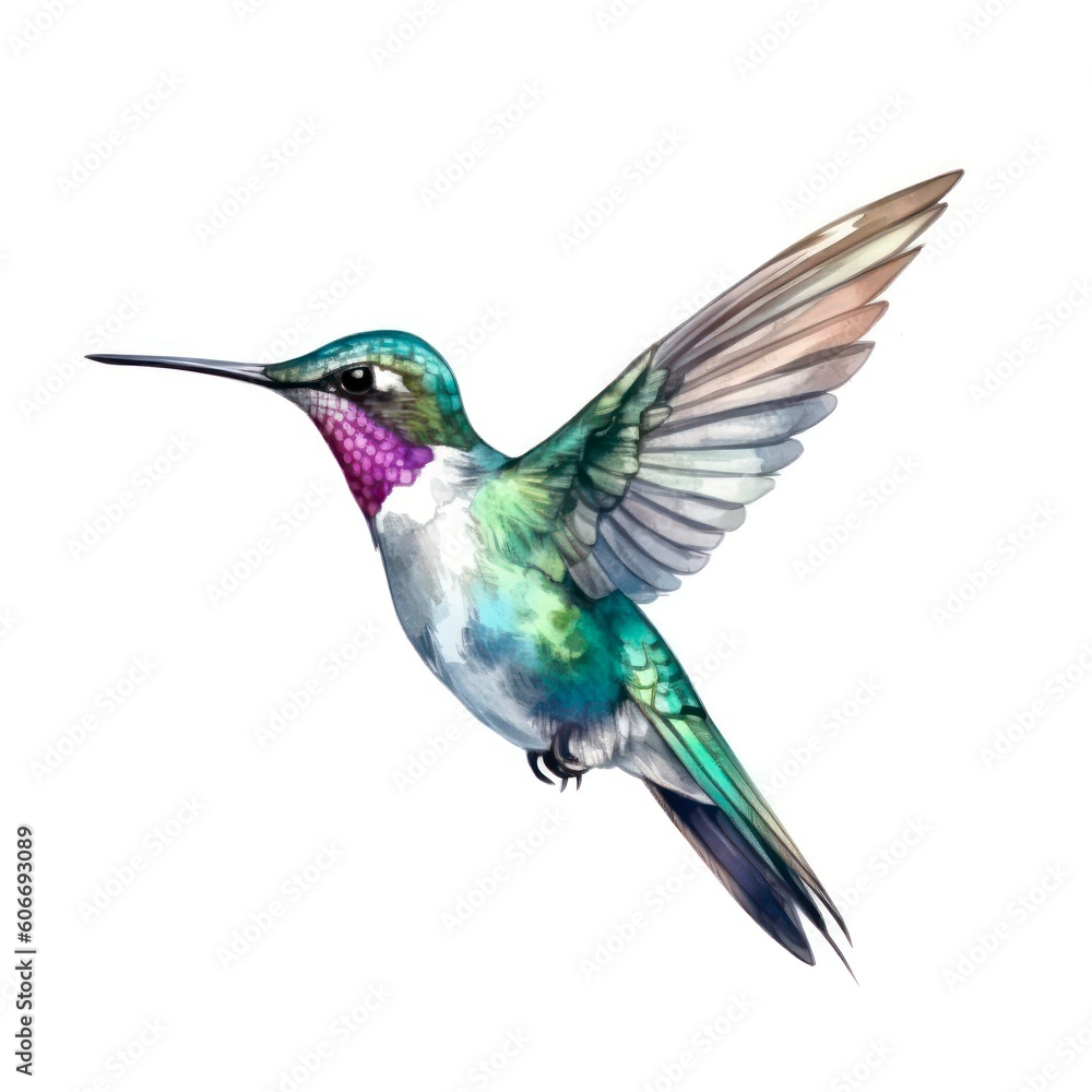Beautiful tiny colibri bird. Hummingbird on white background in watercolor style. Generative AI.