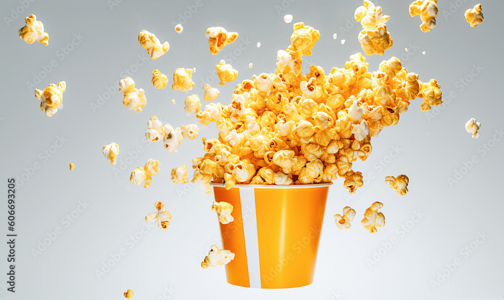 Ai generative.  Popcorn flies out of a full bucket.