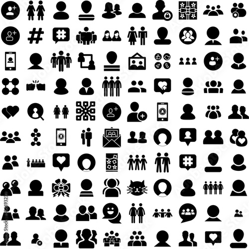 Collection Of 100 Friends Icons Set Isolated Solid Silhouette Icons Including Lifestyle, Female, People, Happy, Fun, Friends, Young Infographic Elements Vector Illustration Logo