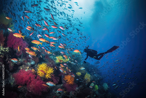 Fotografering a scuba diver surrounded by colorful corals and tropical fish in the red sea, maldives islands, indian ocean