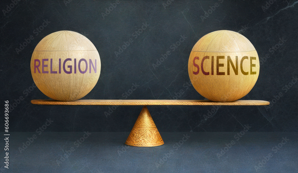 Religion and Science in balance - a metaphor showing the importance of two aspects of life staying in equilibrium to create a perfect condition, Generative AI,3d illustration Religion and Science in balance - a metaphor showing the importance of two aspects of life staying in equilibrium to create a perfect condition, Generative AI,3d illustration