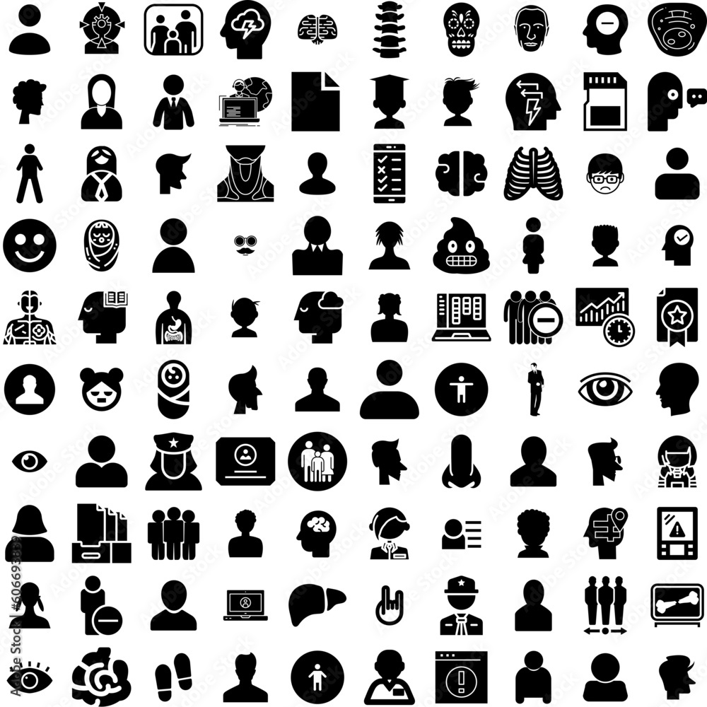 Collection Of 100 Human Icons Set Isolated Solid Silhouette Icons Including Teamwork, People, Management, Businessman, Team, Business, Human Infographic Elements Vector Illustration Logo