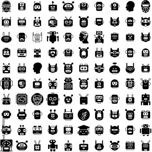 Collection Of 100 Humanoid Icons Set Isolated Solid Silhouette Icons Including Machine, Ai, Artificial Intelligence, Futuristic, Robot, Technology, Future Infographic Elements Vector Illustration Logo