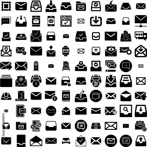 Collection Of 100 Inbox Icons Set Isolated Solid Silhouette Icons Including E-Mail, Icon, Inbox, Business, Mail, Message, Email Infographic Elements Vector Illustration Logo