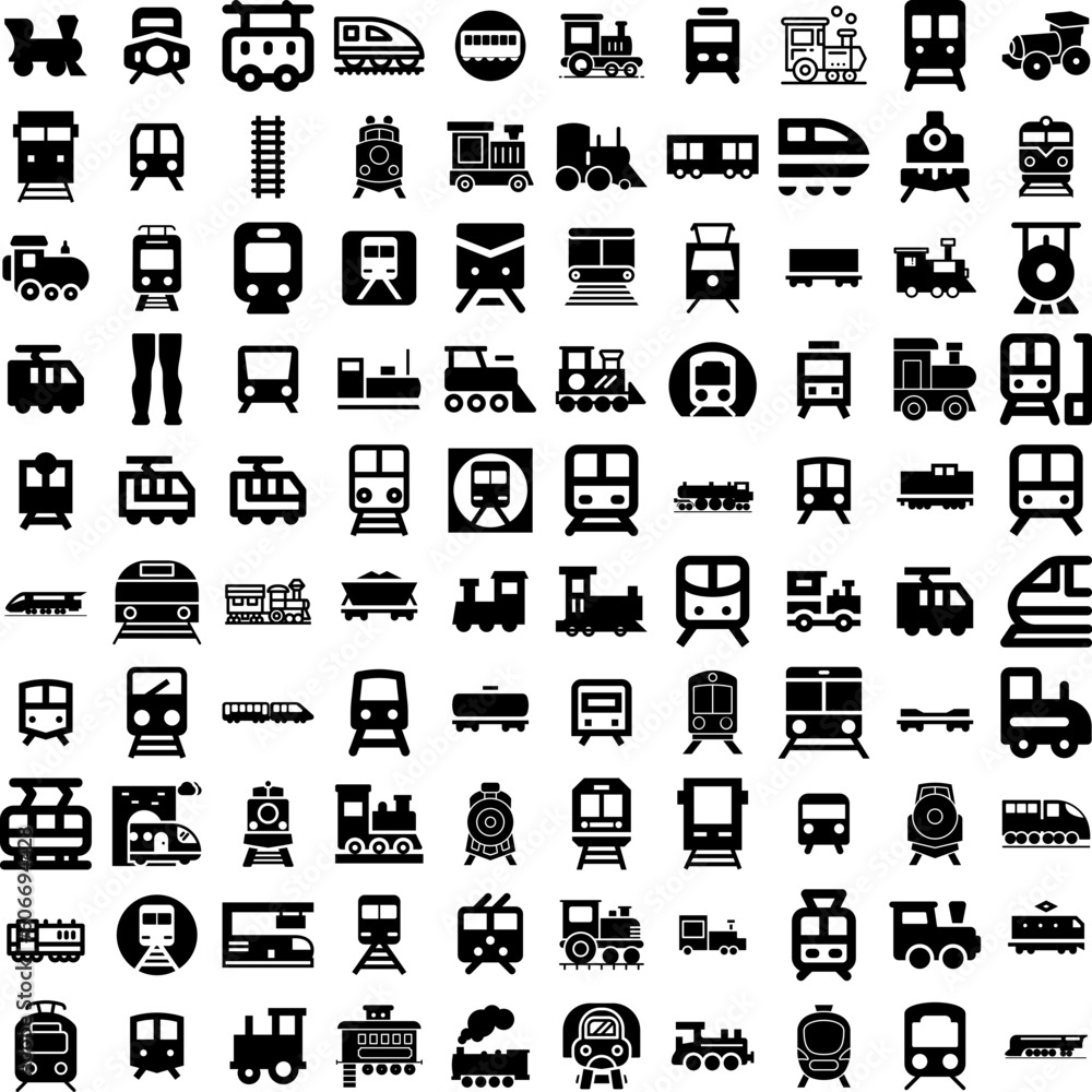 Collection Of 100 Locomotive Icons Set Isolated Solid Silhouette Icons Including Transport, Smoke, Railway, Vector, Transportation, Locomotive, Train Infographic Elements Vector Illustration Logo