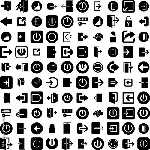 Collection Of 100 Logout Icons Set Isolated Solid Silhouette Icons Including Arrow, Web, Logout, Symbol, Icon, Vector, Exit Infographic Elements Vector Illustration Logo