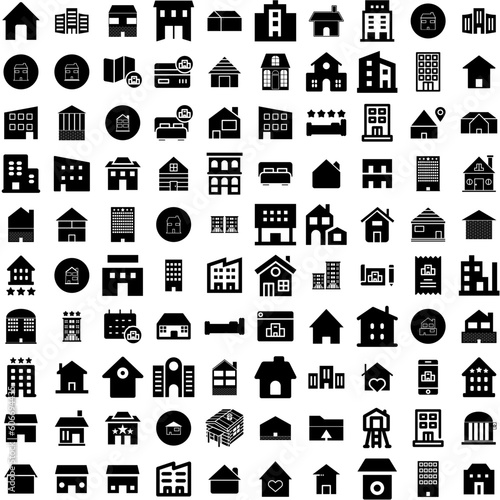 Collection Of 100 Lodge Icons Set Isolated Solid Silhouette Icons Including House, Tourism, Hotel, Outdoor, Travel, Nature, Lodge Infographic Elements Vector Illustration Logo