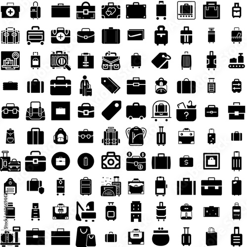 Collection Of 100 Luggage Icons Set Isolated Solid Silhouette Icons Including Baggage, Suitcase, Luggage, Bag, Travel, Vacation, Journey Infographic Elements Vector Illustration Logo