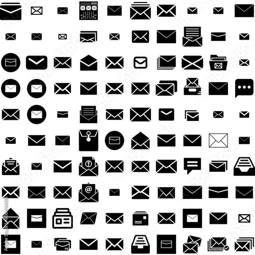 Collection Of 100 Mails Icons Set Isolated Solid Silhouette Icons Including Icon, Email, Mail, Message, Sign, Vector, Letter Infographic Elements Vector Illustration Logo