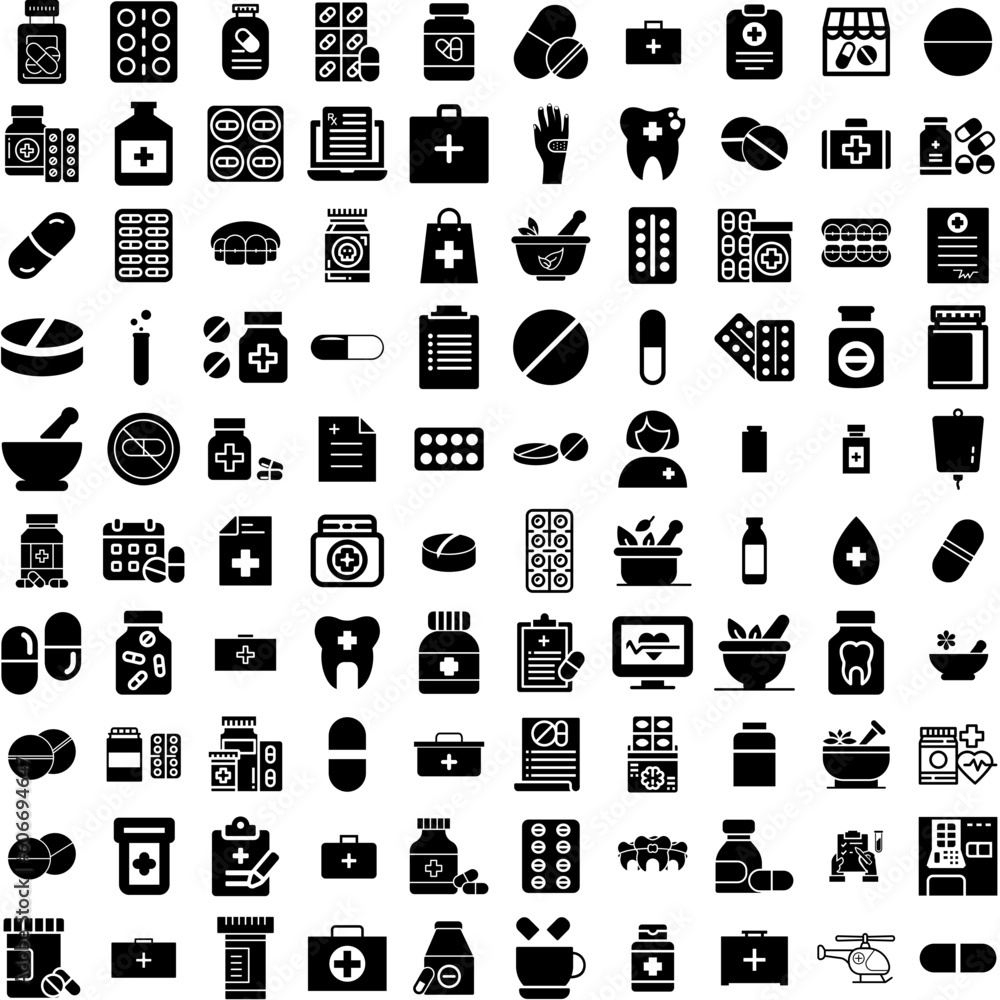 Collection Of 100 Medication Icons Set Isolated Solid Silhouette Icons Including Treatment, Drug, Medicine, Capsule, Health, Pharmaceutical, Medical Infographic Elements Vector Illustration Logo