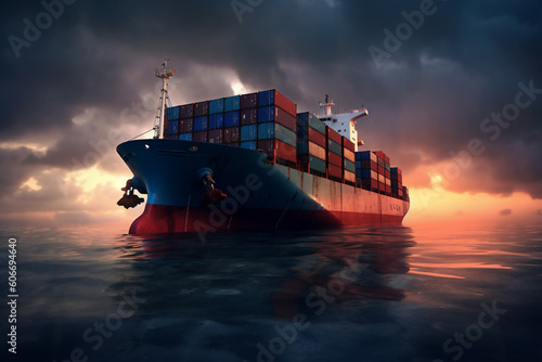 Container ship in storm on the sea. Inport and export cargo boat. Ai generated.